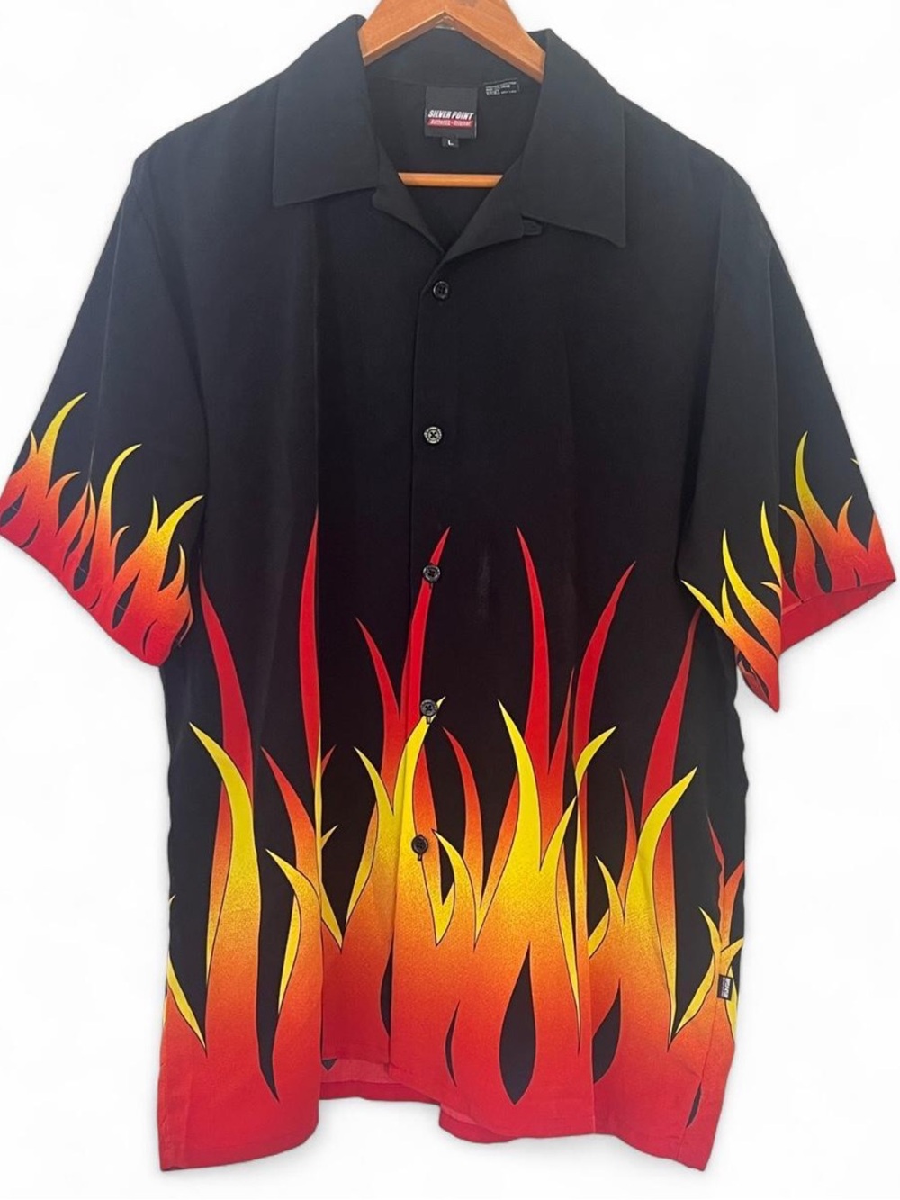 Silver Point Vintage Y2K 90’s Men’s Black/Red/Yellow Flame Button-Down Shirt L